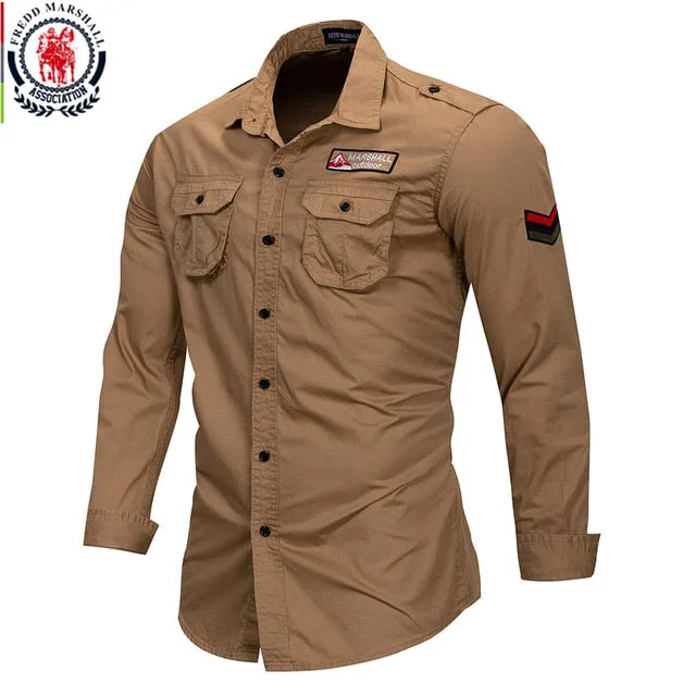 Fredd Marshall 2018 New 100% Cotton Military Shirt Men Long Sleeve
