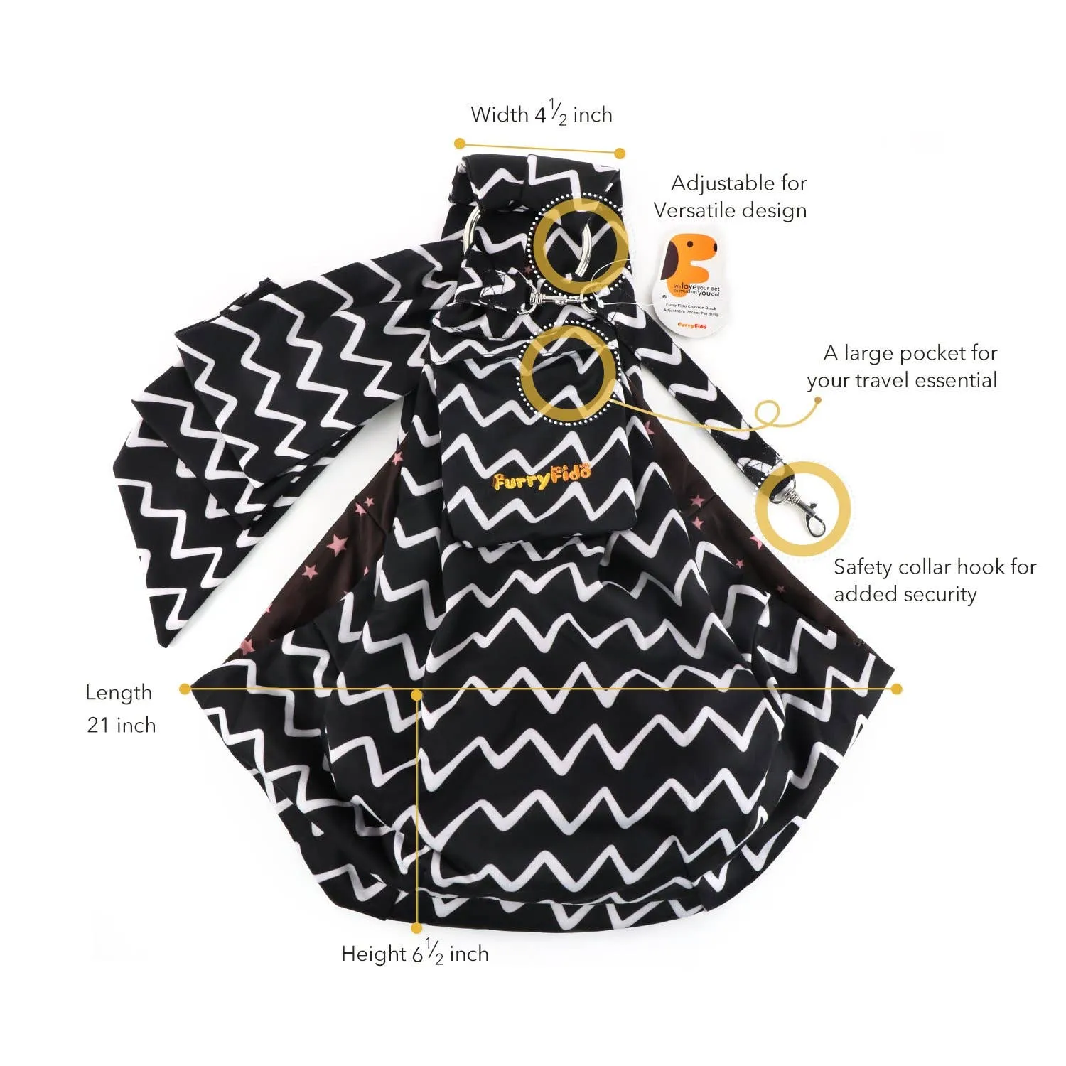 Furry Fido Pet Supplies - Furry Fido Chevron Black Adjustable Pocket Pet Sling