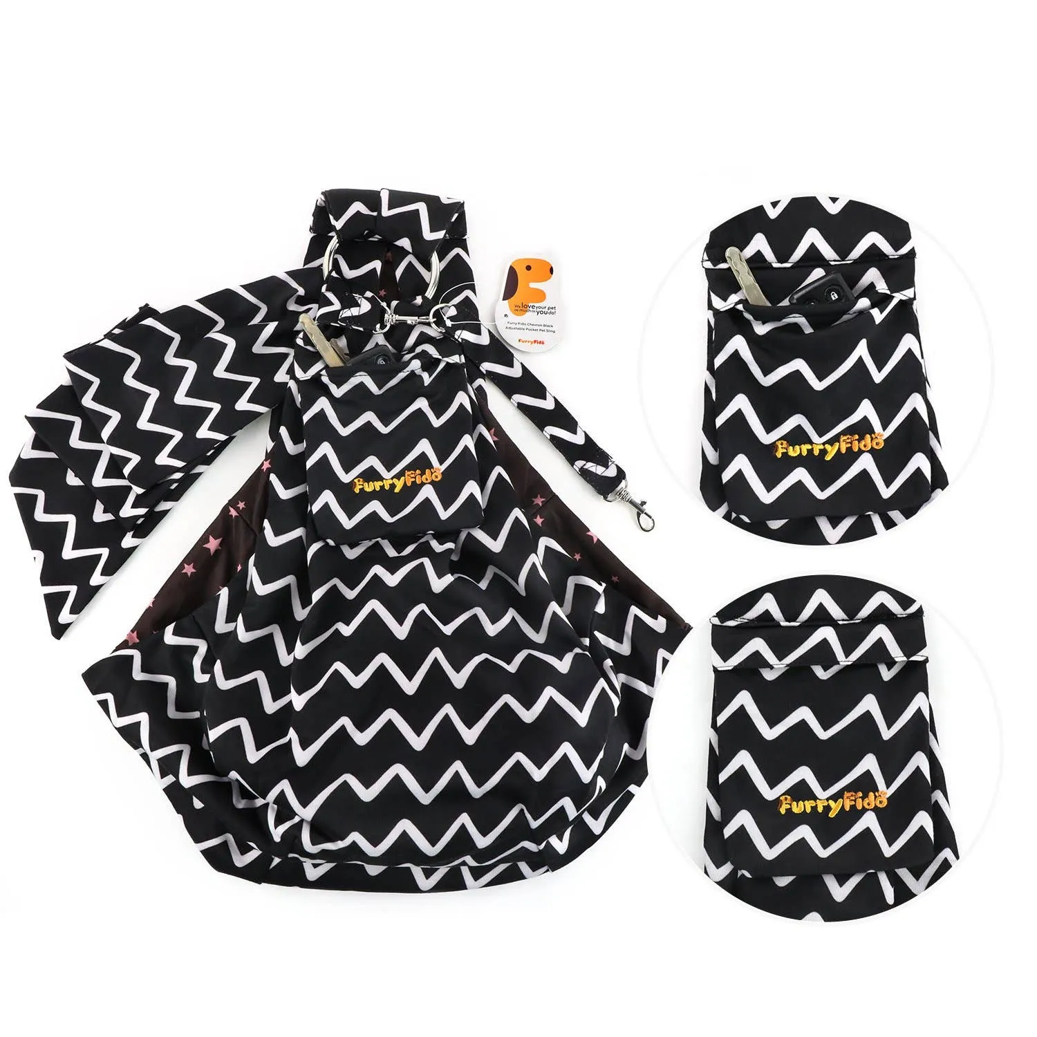 Furry Fido Pet Supplies - Furry Fido Chevron Black Adjustable Pocket Pet Sling