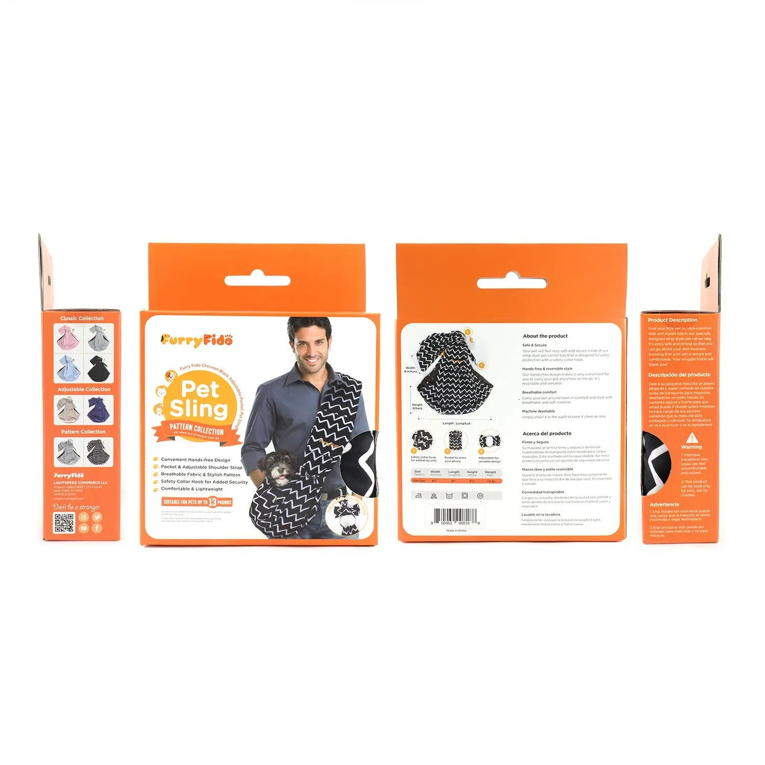 Furry Fido Pet Supplies - Furry Fido Chevron Black Adjustable Pocket Pet Sling