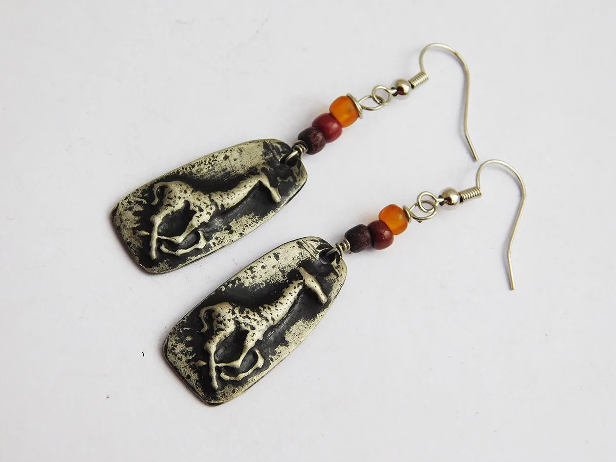 Giraffe Earrings Silver African Jewelry Beaded Pewter Handmade