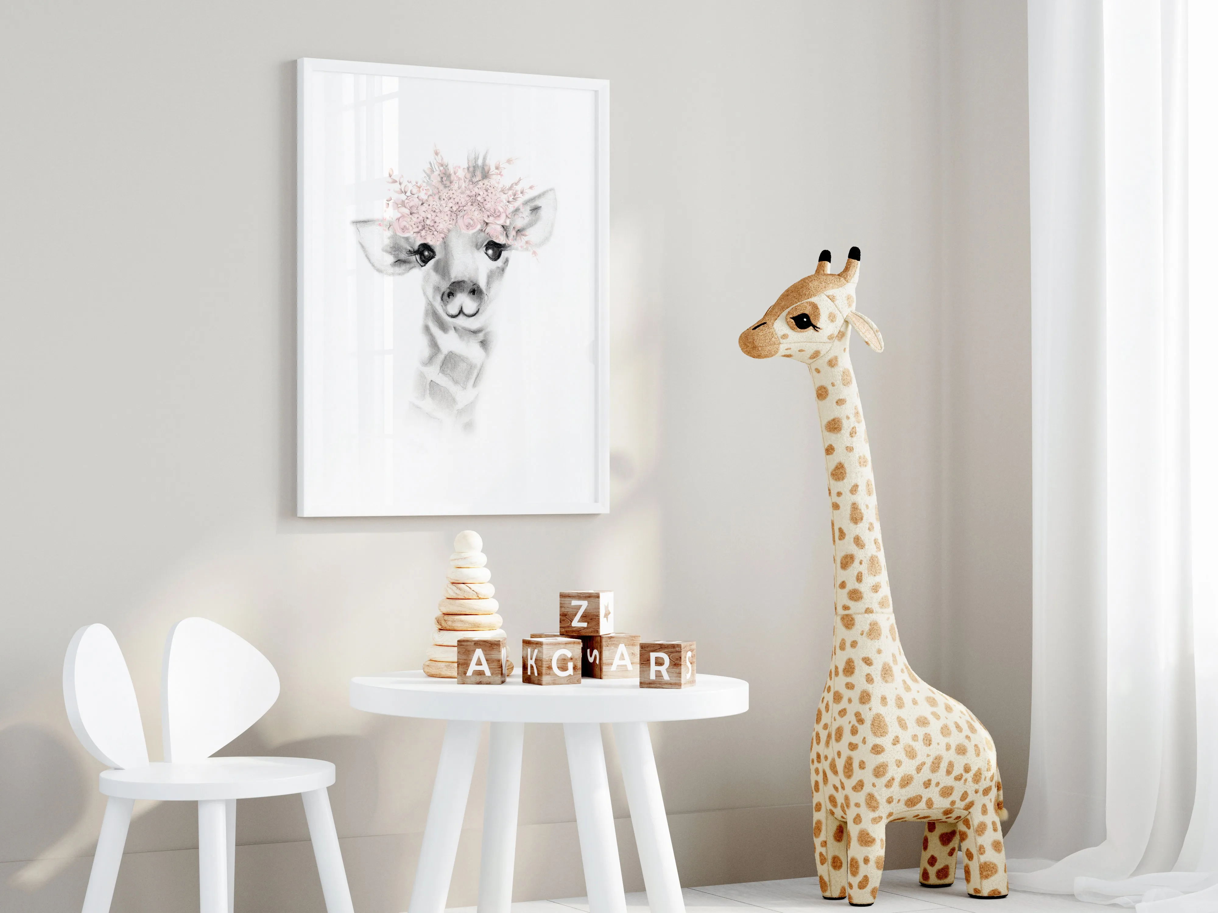 Giraffe with Blush Flower Crown Print