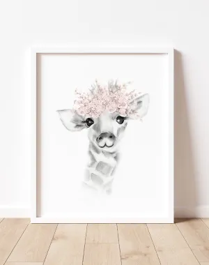 Giraffe with Blush Flower Crown Print
