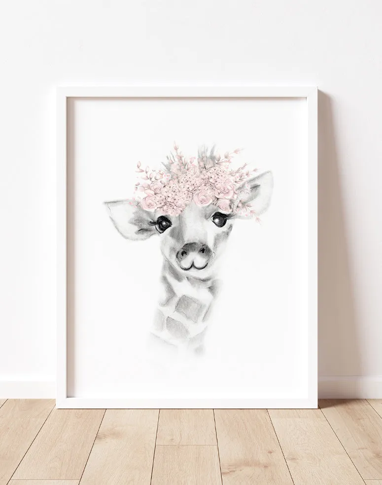 Giraffe with Blush Flower Crown Print