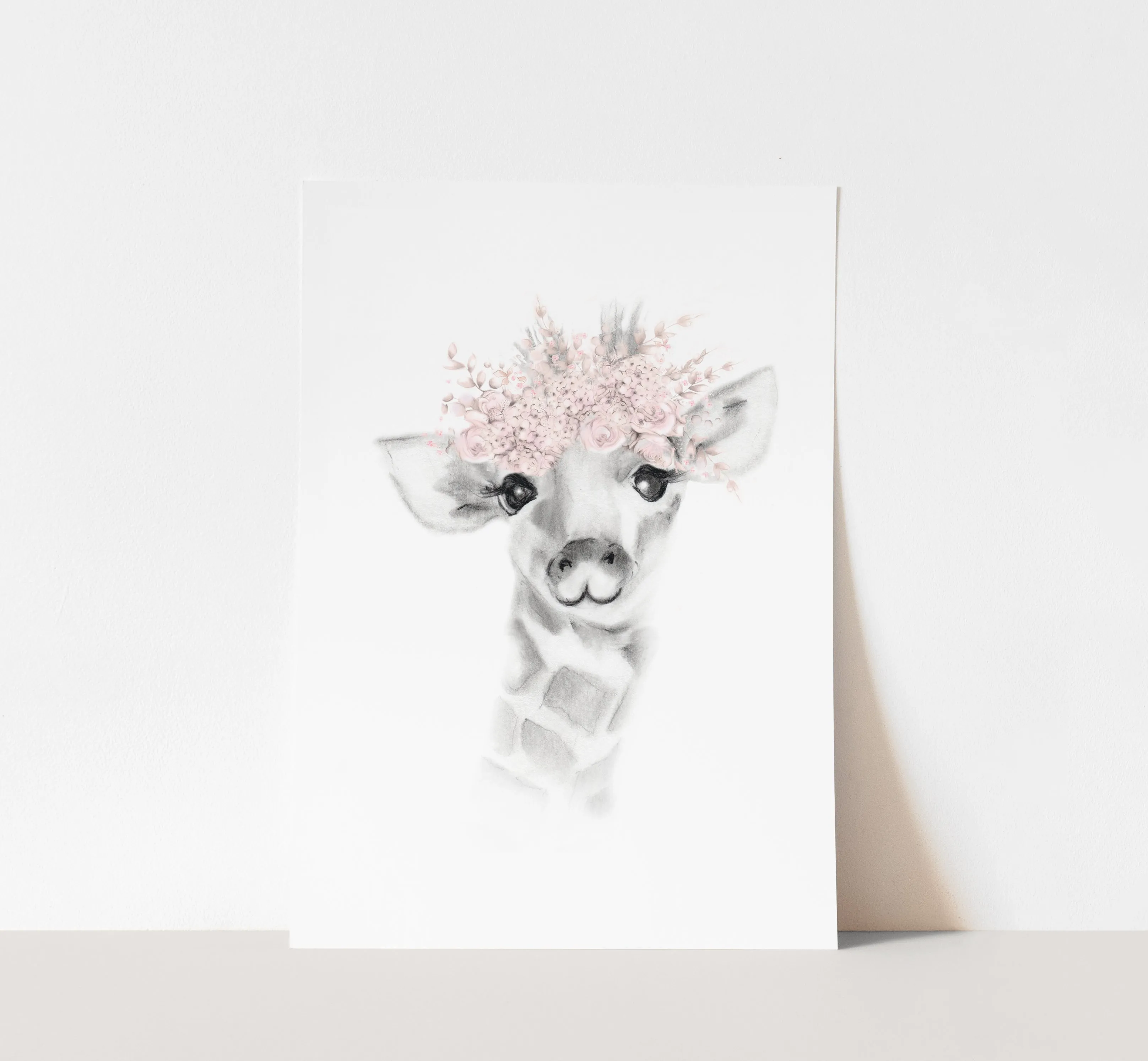 Giraffe with Blush Flower Crown Print
