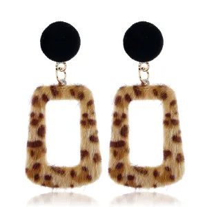 Khaki Leopard Gabardine Rectangle Drop Earrings