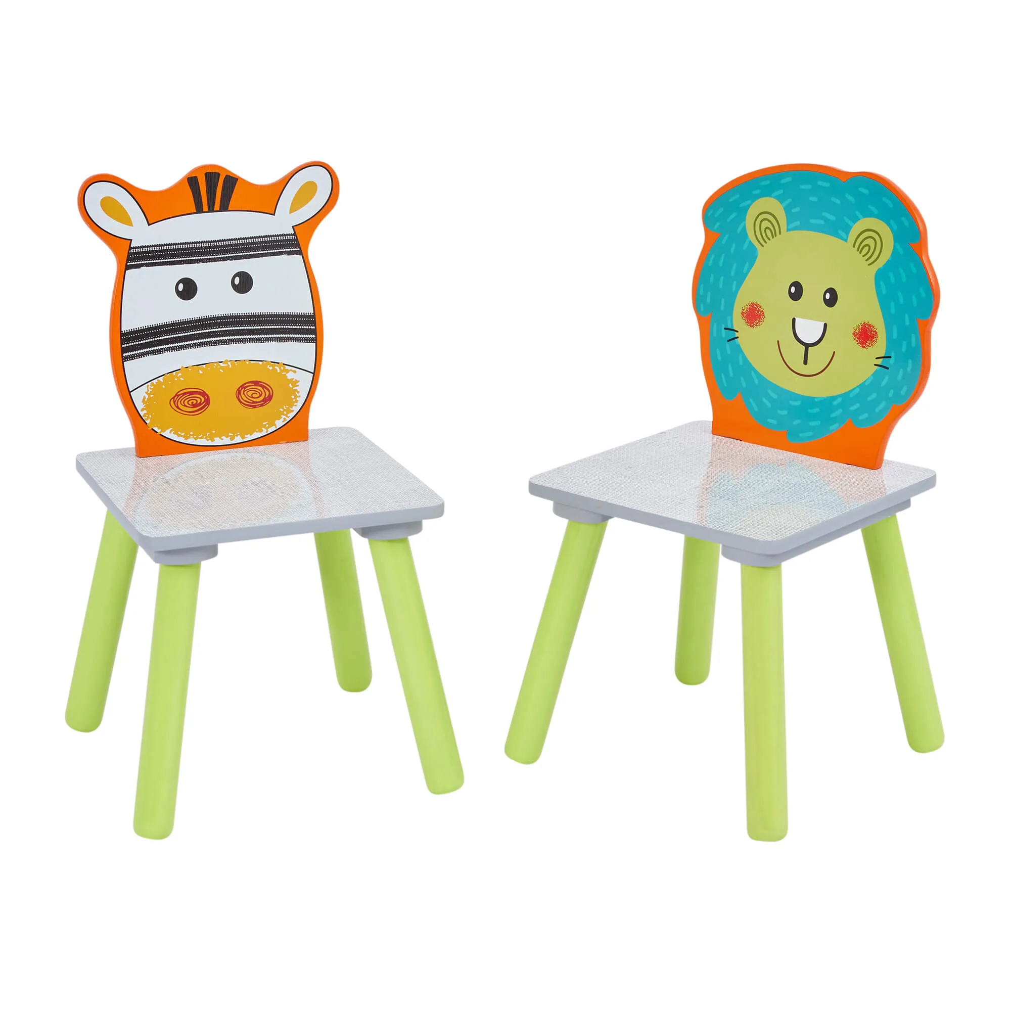 Kids | Scratch-Resistant Jungle Wooden Table and 2 Chairs | White | Lion & Zebra