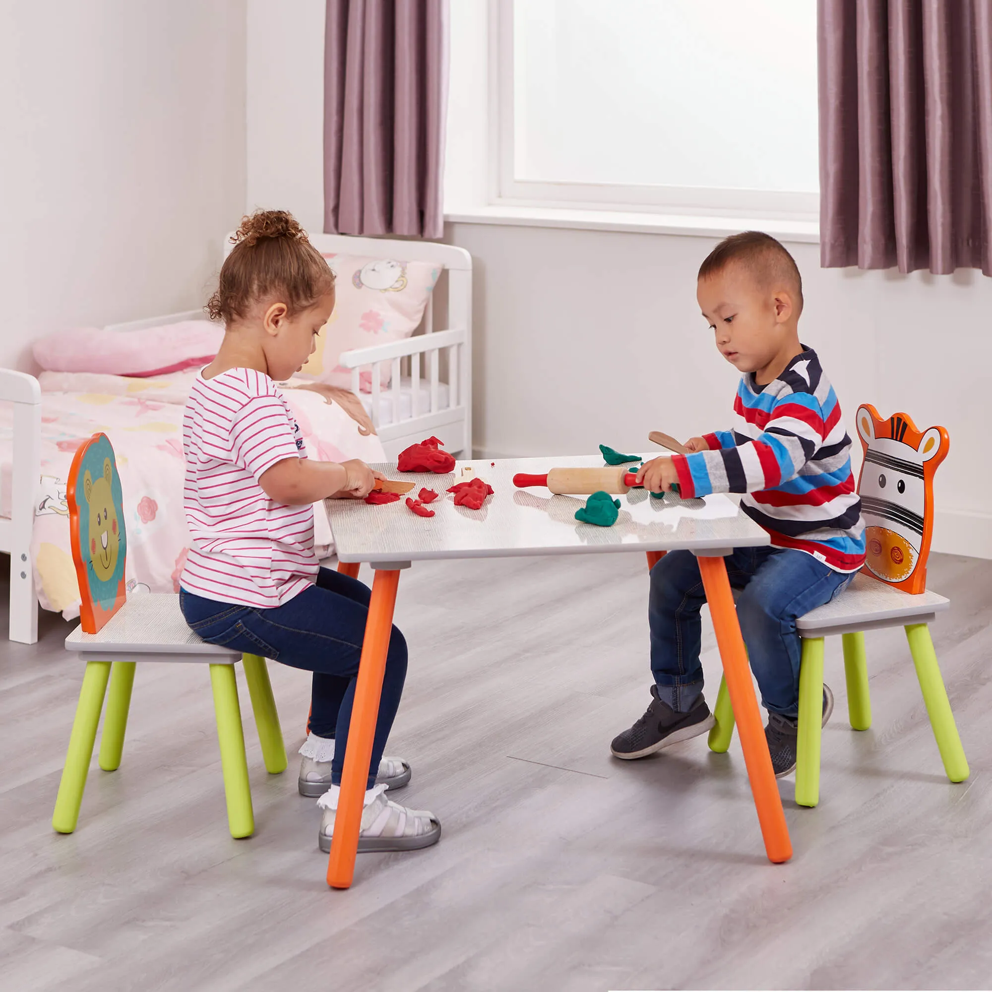 Kids | Scratch-Resistant Jungle Wooden Table and 2 Chairs | White | Lion & Zebra