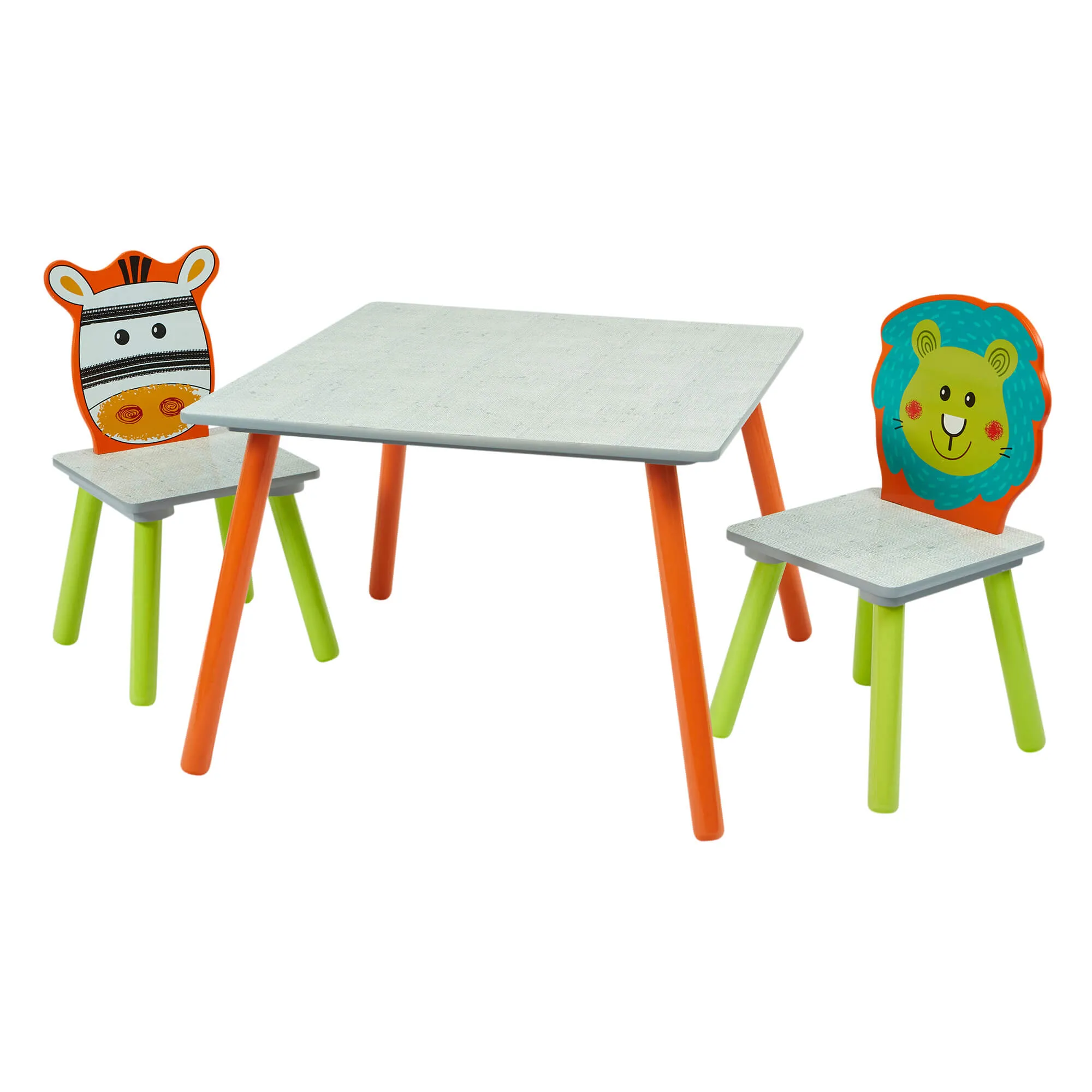 Kids | Scratch-Resistant Jungle Wooden Table and 2 Chairs | White | Lion & Zebra
