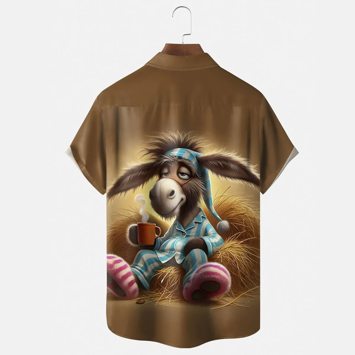Men's Cartoon Animal Print Button Short Sleeve Shirt