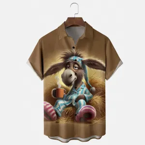 Men's Cartoon Animal Print Button Short Sleeve Shirt