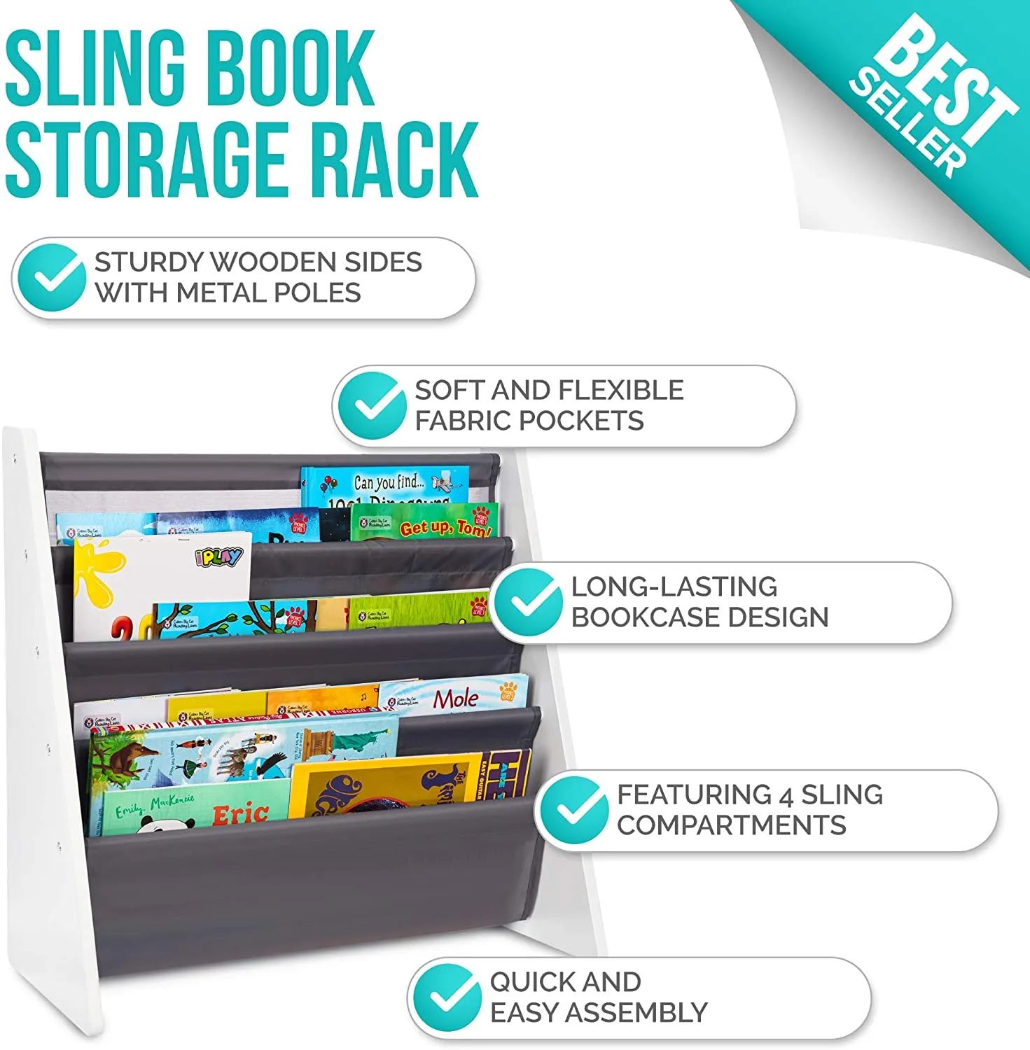 Montessori Sling BookCase | Childrens Bookcase | Kids Bookshelf | Choice of Colours | Washable
