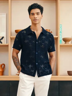 Navy Angra Clube Raul Crochet Cardigan