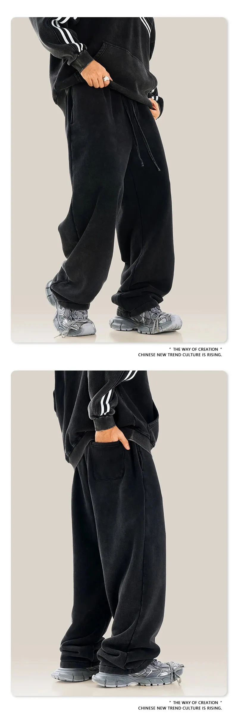 Obsidian Phoenix Luxury 332gsm Washed Fleece Straight Pants - Unisex Loose-Fit Warm Knitted Retro Trousers