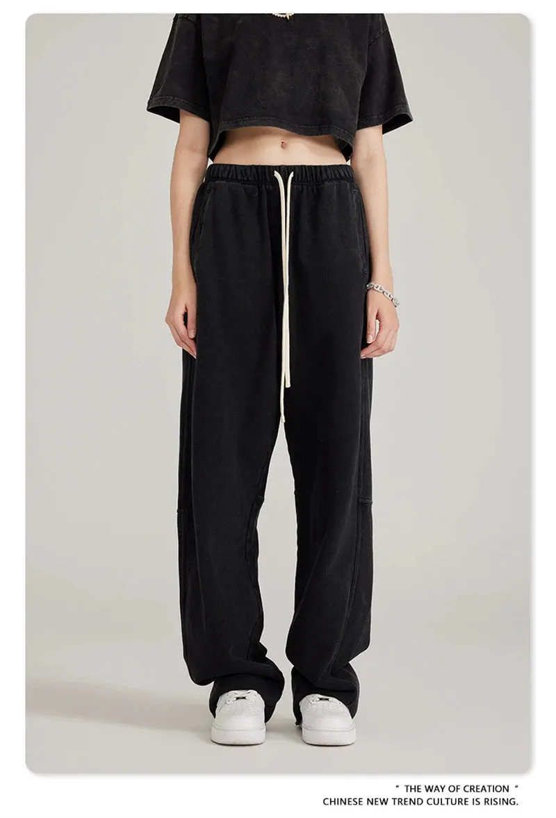 Obsidian Phoenix Luxury 380gsm Washed Cotton Pants - Unisex Oversized Loose-Fit Retro Straight-Leg Trousers