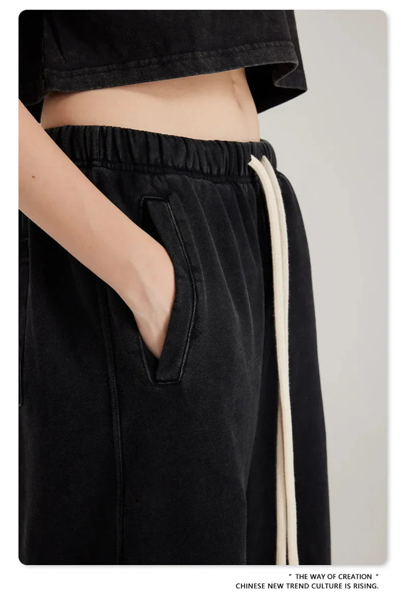 Obsidian Phoenix Luxury 380gsm Washed Cotton Pants - Unisex Oversized Loose-Fit Retro Straight-Leg Trousers