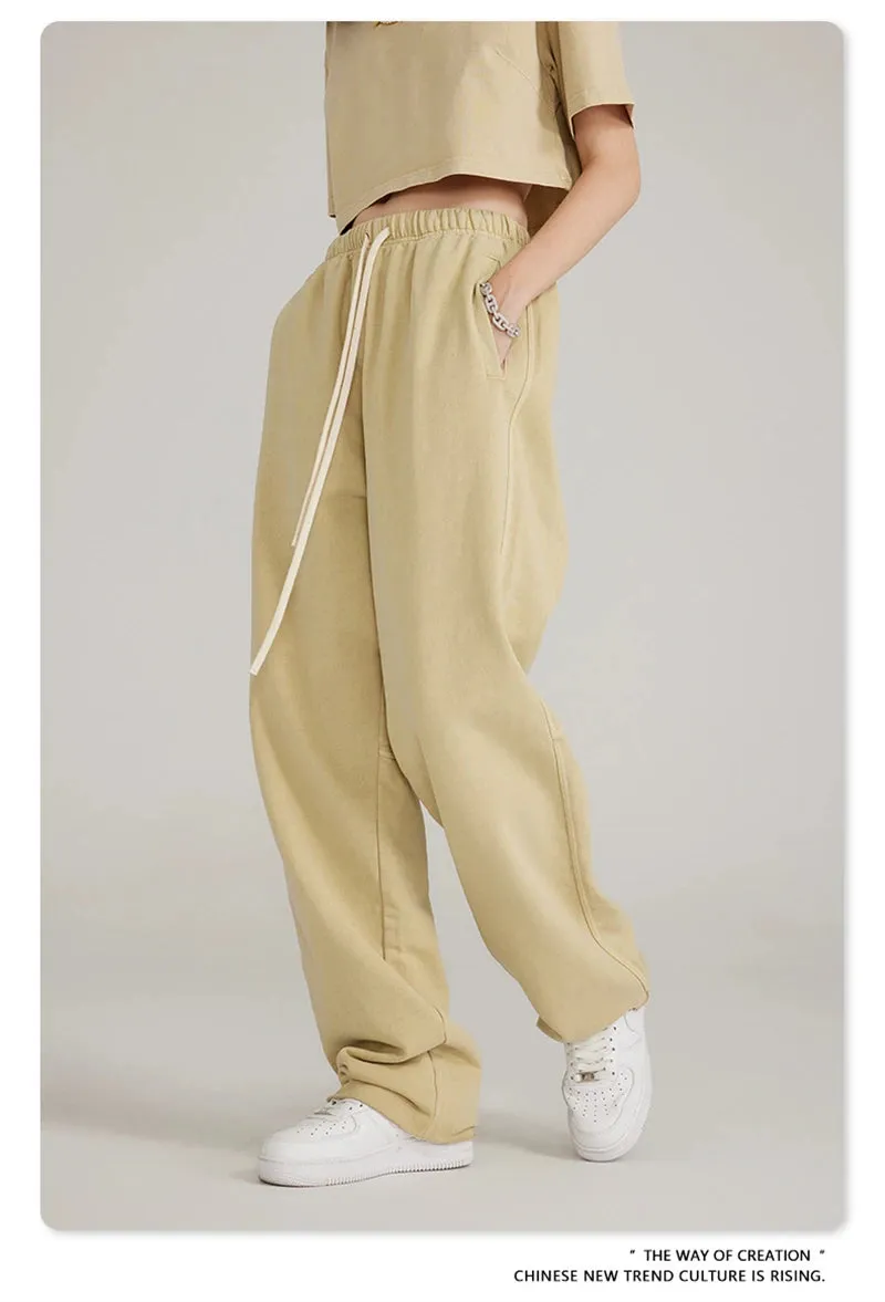Obsidian Phoenix Luxury 380gsm Washed Cotton Pants - Unisex Oversized Loose-Fit Retro Straight-Leg Trousers
