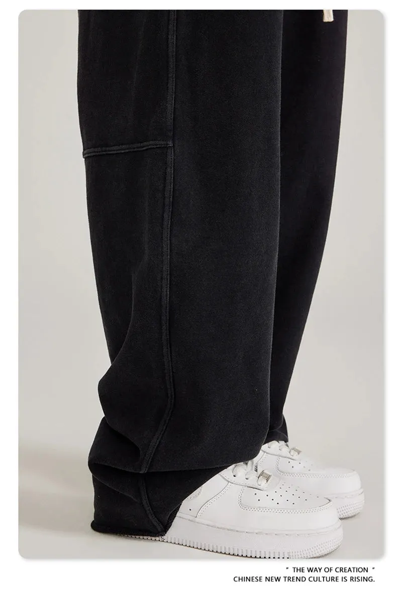 Obsidian Phoenix Luxury 380gsm Washed Cotton Pants - Unisex Oversized Loose-Fit Retro Straight-Leg Trousers