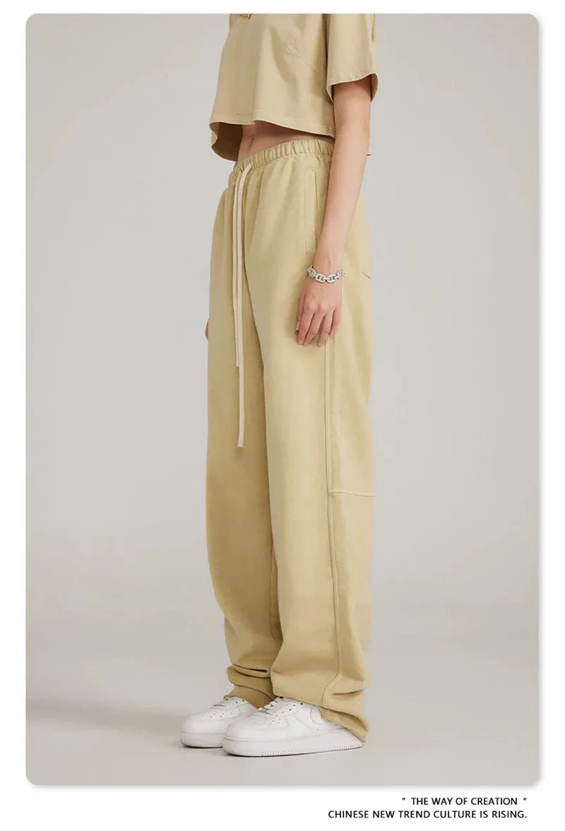 Obsidian Phoenix Luxury 380gsm Washed Cotton Pants - Unisex Oversized Loose-Fit Retro Straight-Leg Trousers