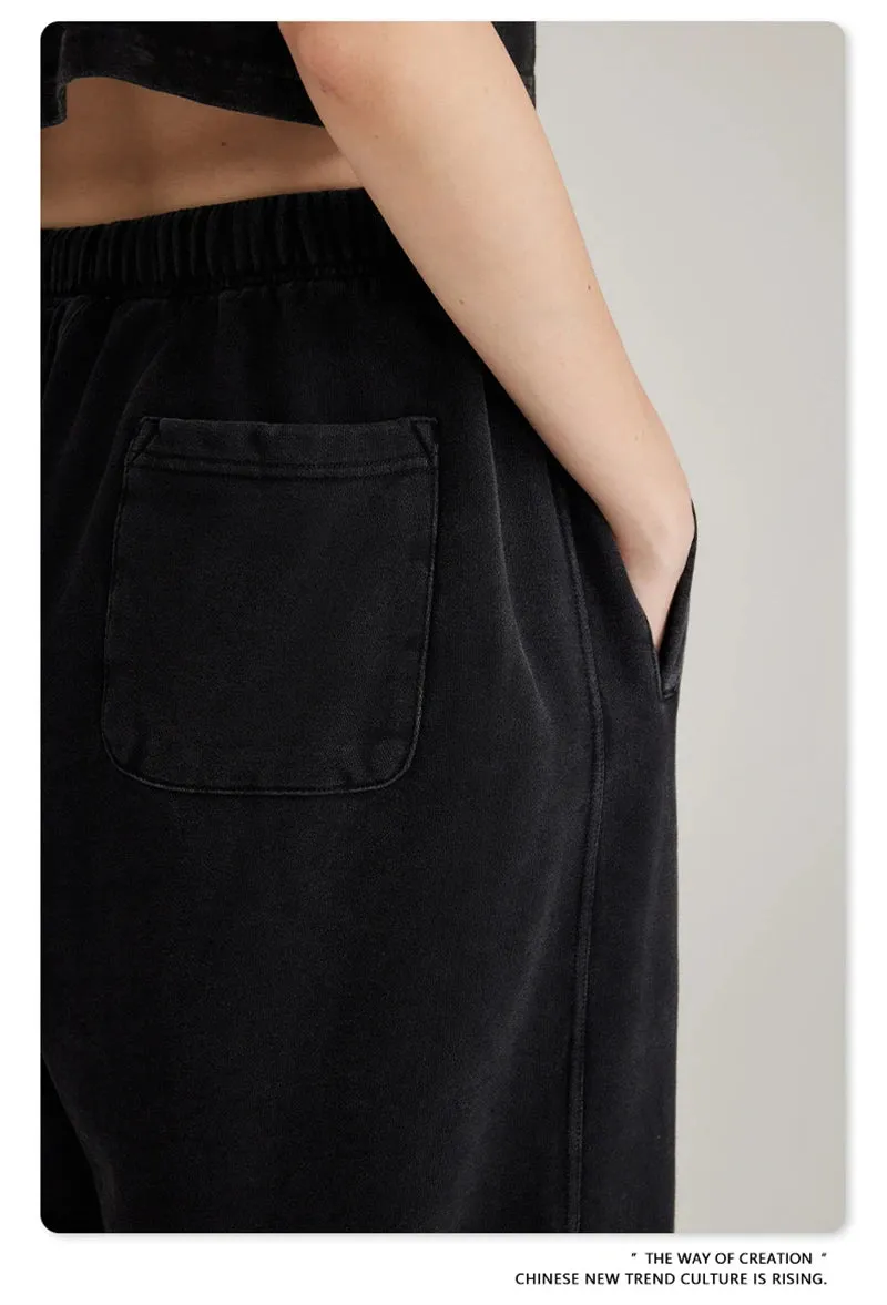 Obsidian Phoenix Luxury 380gsm Washed Cotton Pants - Unisex Oversized Loose-Fit Retro Straight-Leg Trousers