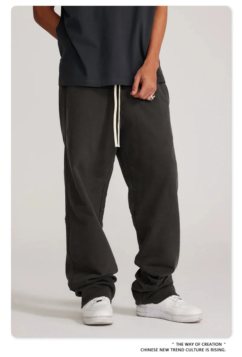 Obsidian Phoenix Luxury 380gsm Washed Cotton Pants - Unisex Oversized Loose-Fit Retro Straight-Leg Trousers