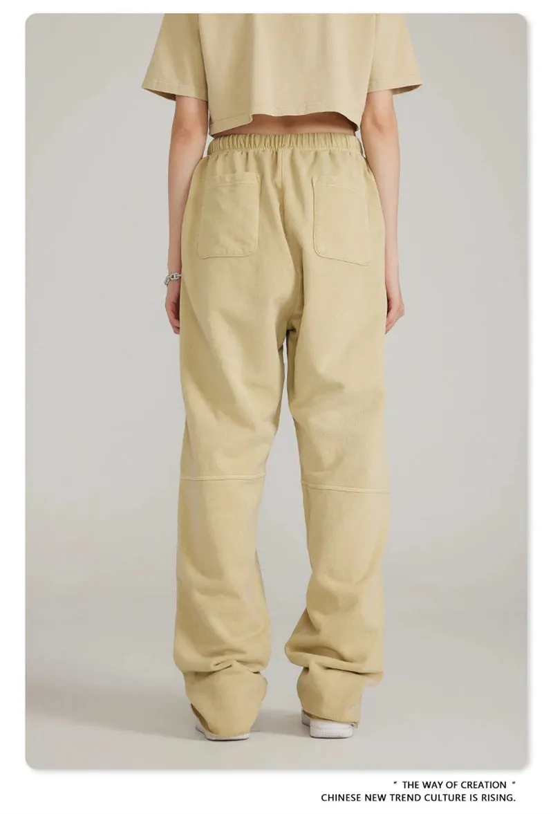 Obsidian Phoenix Luxury 380gsm Washed Cotton Pants - Unisex Oversized Loose-Fit Retro Straight-Leg Trousers