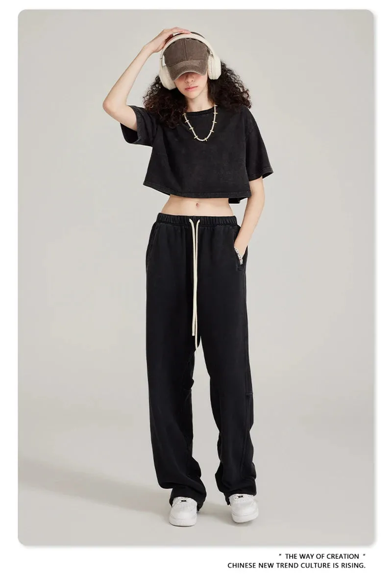 Obsidian Phoenix Luxury 380gsm Washed Cotton Pants - Unisex Oversized Loose-Fit Retro Straight-Leg Trousers