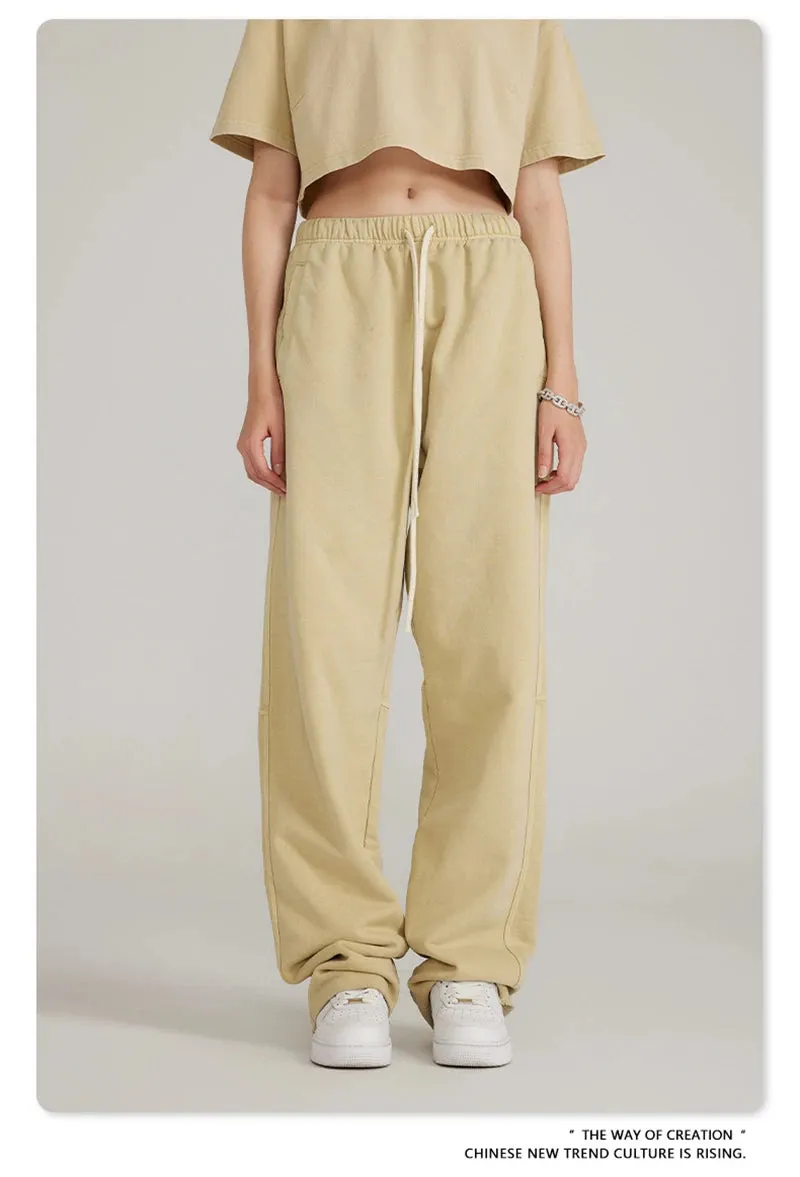 Obsidian Phoenix Luxury 380gsm Washed Cotton Pants - Unisex Oversized Loose-Fit Retro Straight-Leg Trousers