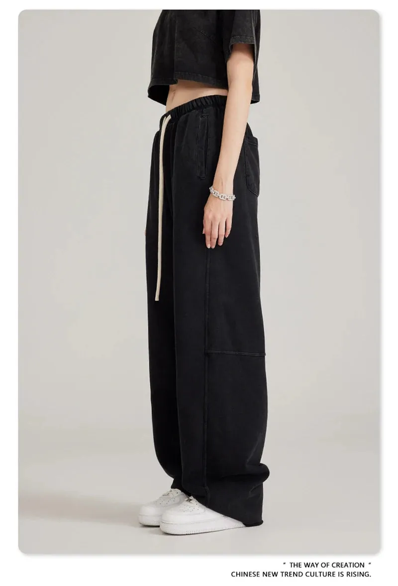Obsidian Phoenix Luxury 380gsm Washed Cotton Pants - Unisex Oversized Loose-Fit Retro Straight-Leg Trousers