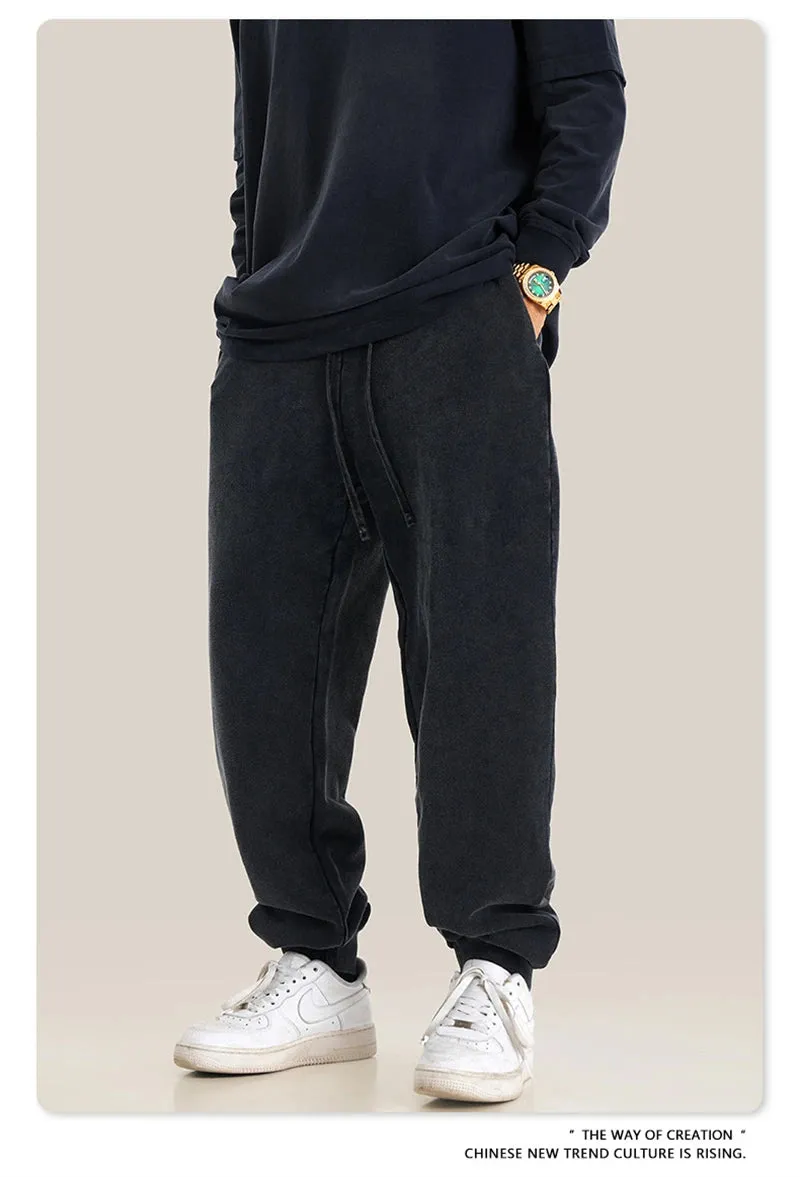Obsidian Phoenix Luxury 400gsm Washed Cotton Sweatpants - Unisex Loose-Fit Heavyweight Sport Joggers
