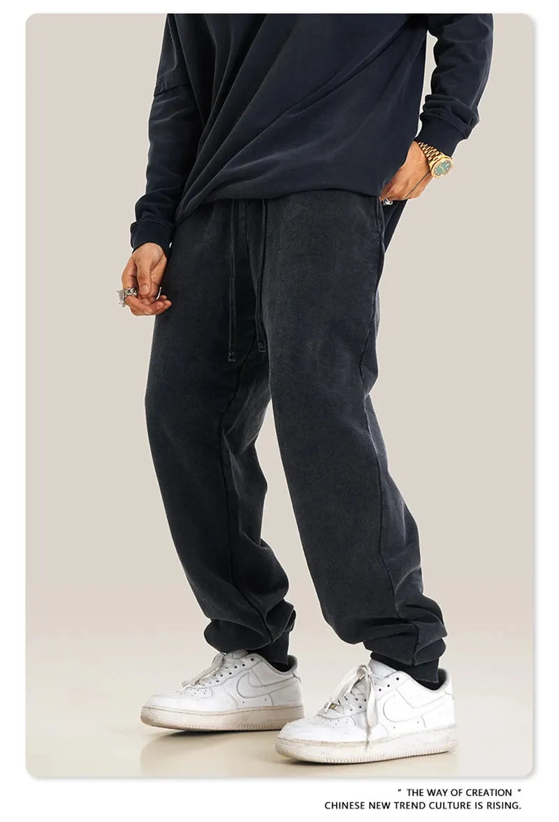 Obsidian Phoenix Luxury 400gsm Washed Cotton Sweatpants - Unisex Loose-Fit Heavyweight Sport Joggers