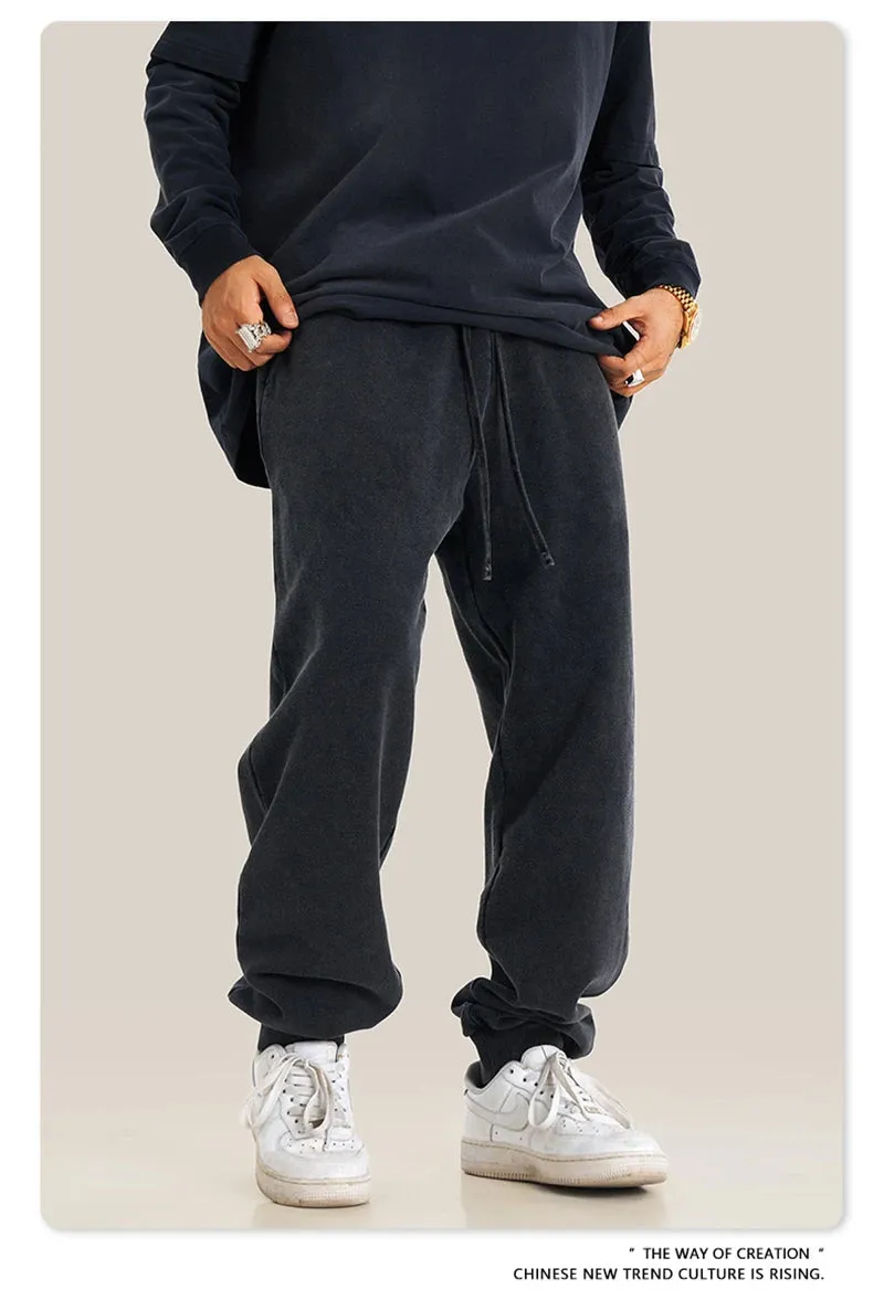 Obsidian Phoenix Luxury 400gsm Washed Cotton Sweatpants - Unisex Loose-Fit Heavyweight Sport Joggers