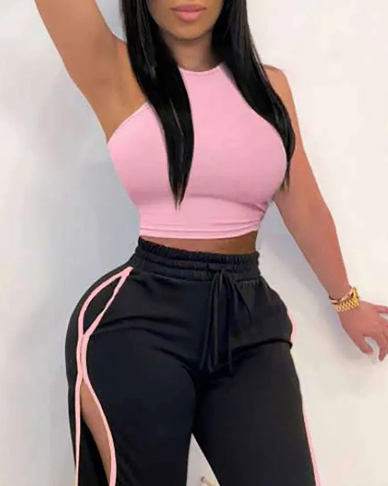 Piping Contrast 2 Pieces Top And Pants Set