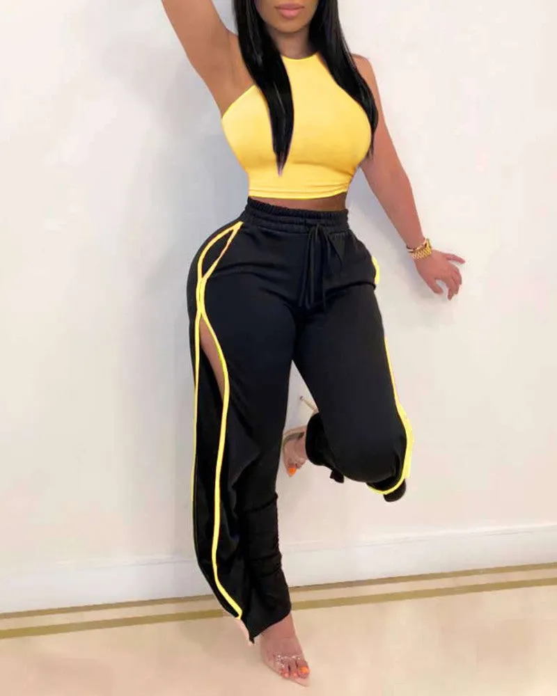 Piping Contrast 2 Pieces Top And Pants Set