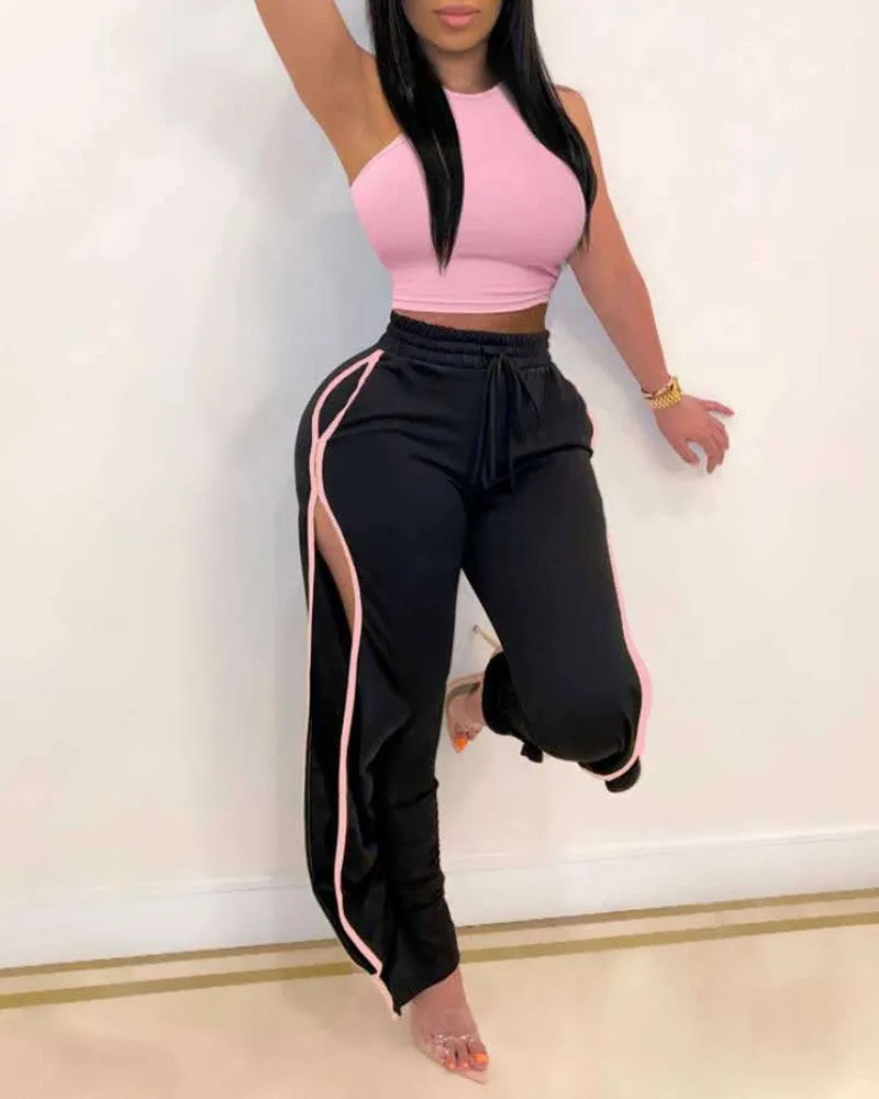 Piping Contrast 2 Pieces Top And Pants Set