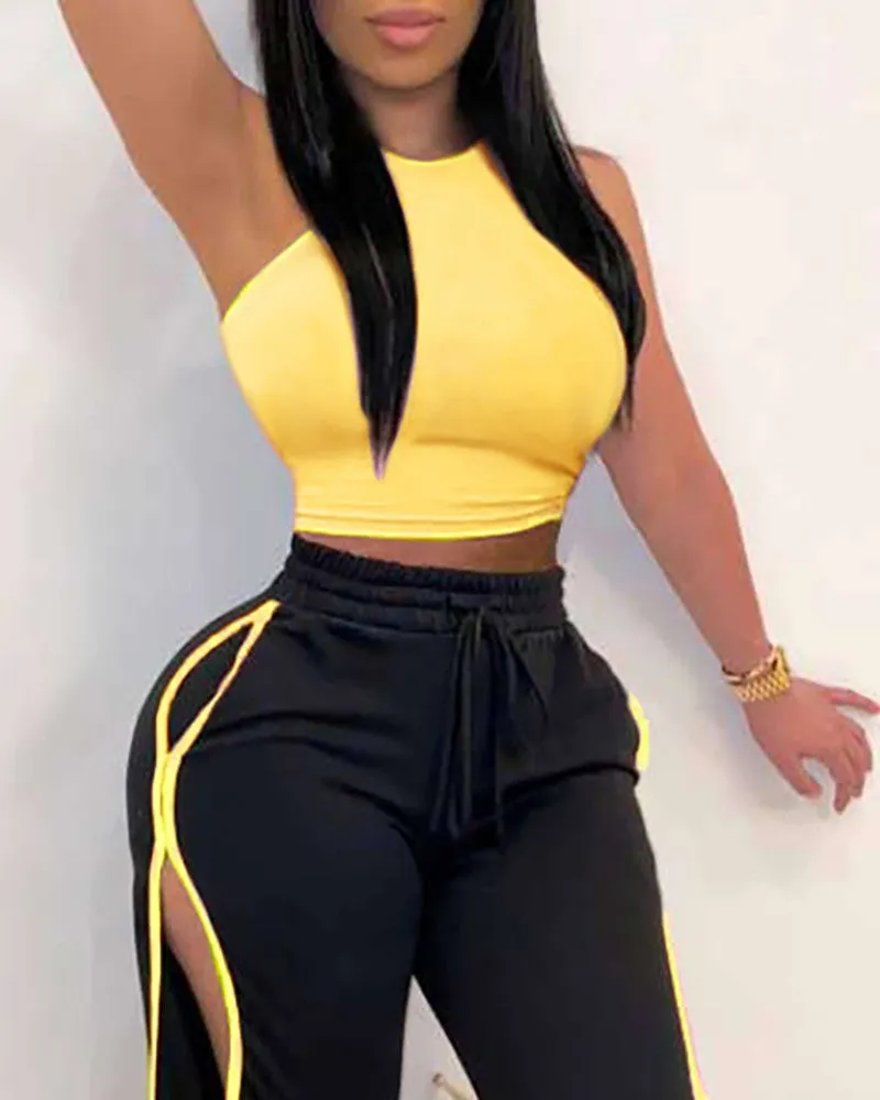 Piping Contrast 2 Pieces Top And Pants Set