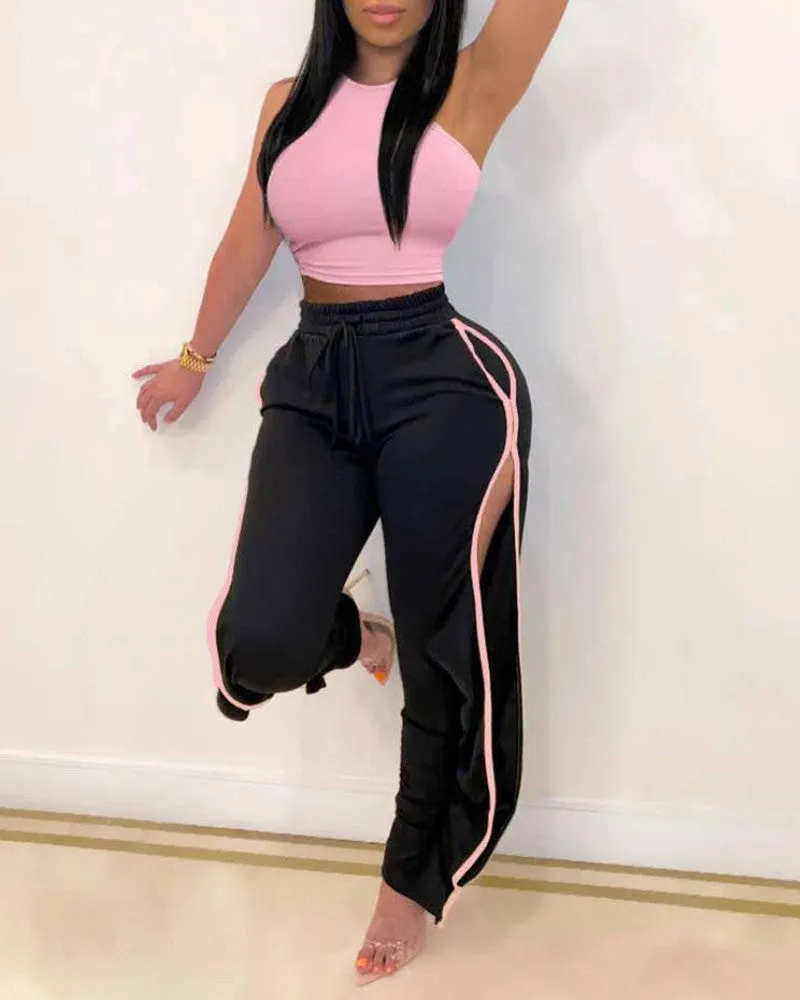 Piping Contrast 2 Pieces Top And Pants Set
