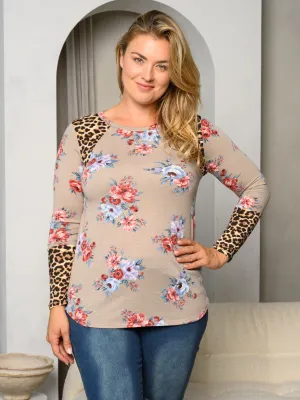 PLUS SIZE LONG SLEEVE FLORAL ANIMAL PRINT TOP