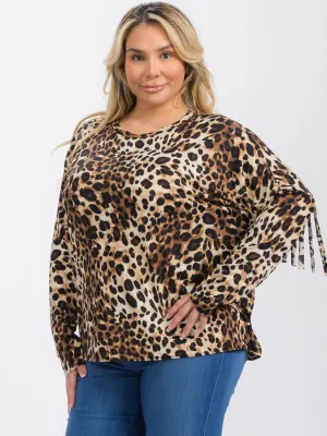 PLUS SIZE LONG SLEEVE FRINGE ANIMAL PRINT BLOUSE TOP