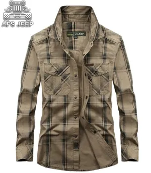 Plus Size M-5XL Men Shirts Big Plaid Army Military Casual Loose Brand AFS JEEP Classic Vintage Clothing Men's Blous