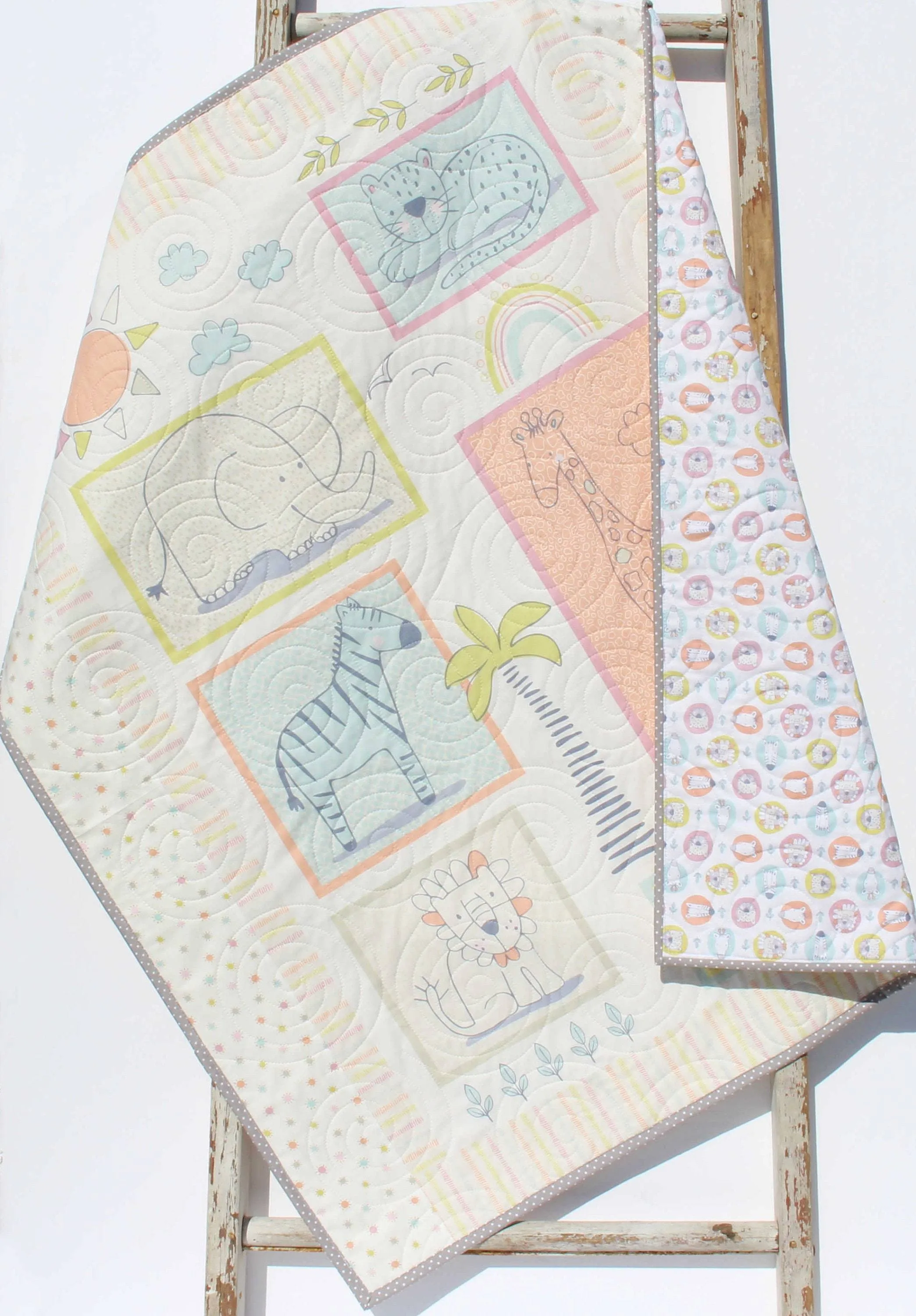 Quilt Kit for Beginners Safari Animals Low Volume Sunrise Baby Bedding Blanket Jungle Fabrics Lion Giraffe Elephant Zebra Nursery Sewing