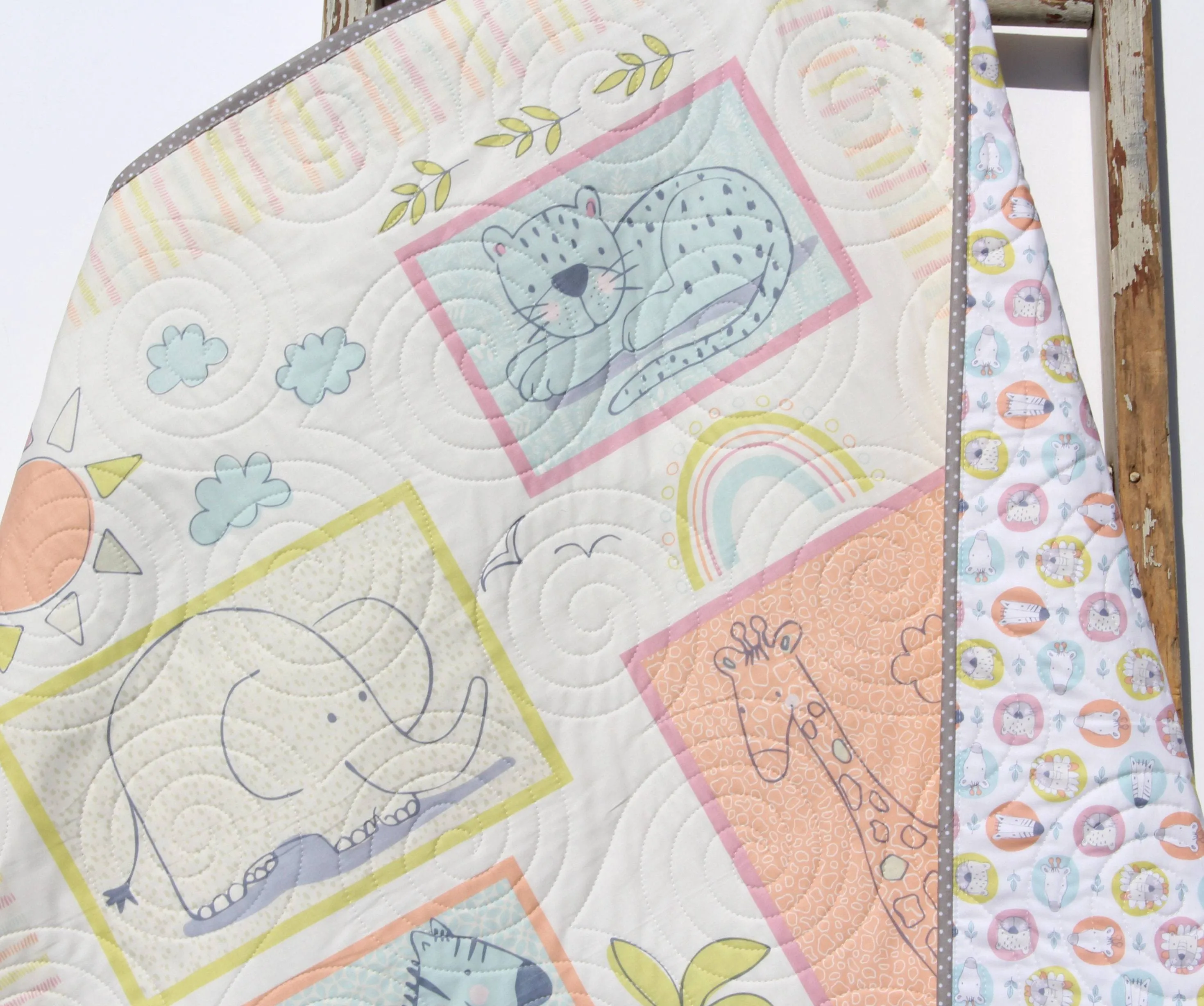 Quilt Kit for Beginners Safari Animals Low Volume Sunrise Baby Bedding Blanket Jungle Fabrics Lion Giraffe Elephant Zebra Nursery Sewing