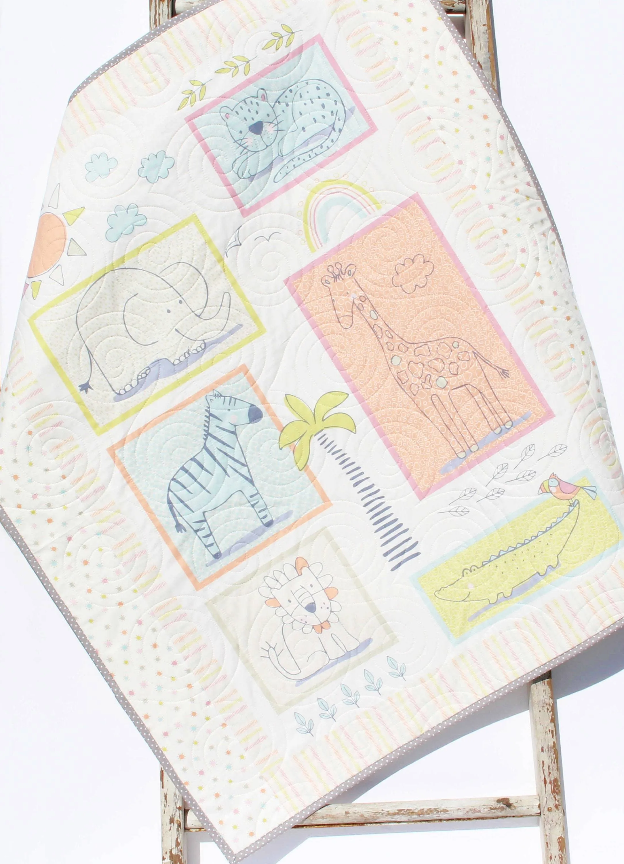 Quilt Kit for Beginners Safari Animals Low Volume Sunrise Baby Bedding Blanket Jungle Fabrics Lion Giraffe Elephant Zebra Nursery Sewing