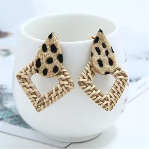 Rattan & Brown Leopard Gabardine Rhombus Drop Earrings