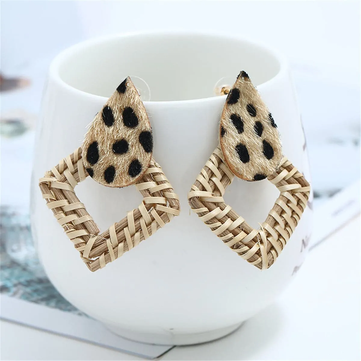 Rattan & Brown Leopard Gabardine Rhombus Drop Earrings