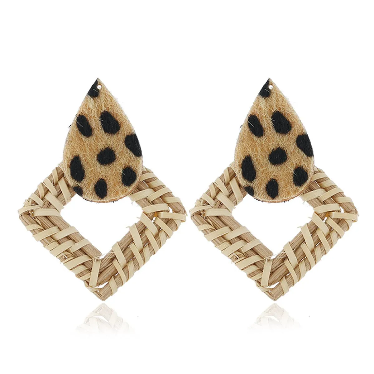 Rattan & Brown Leopard Gabardine Rhombus Drop Earrings