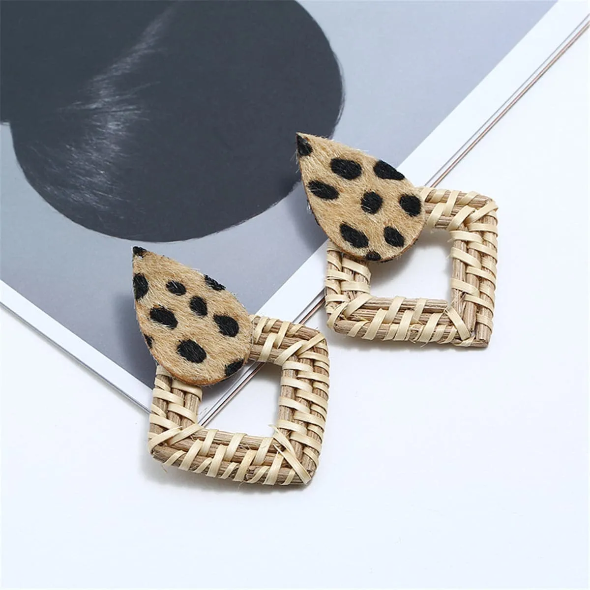 Rattan & Brown Leopard Gabardine Rhombus Drop Earrings