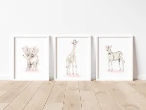Safari Animal Nursery Prints - Sweet Blush - Set of 3