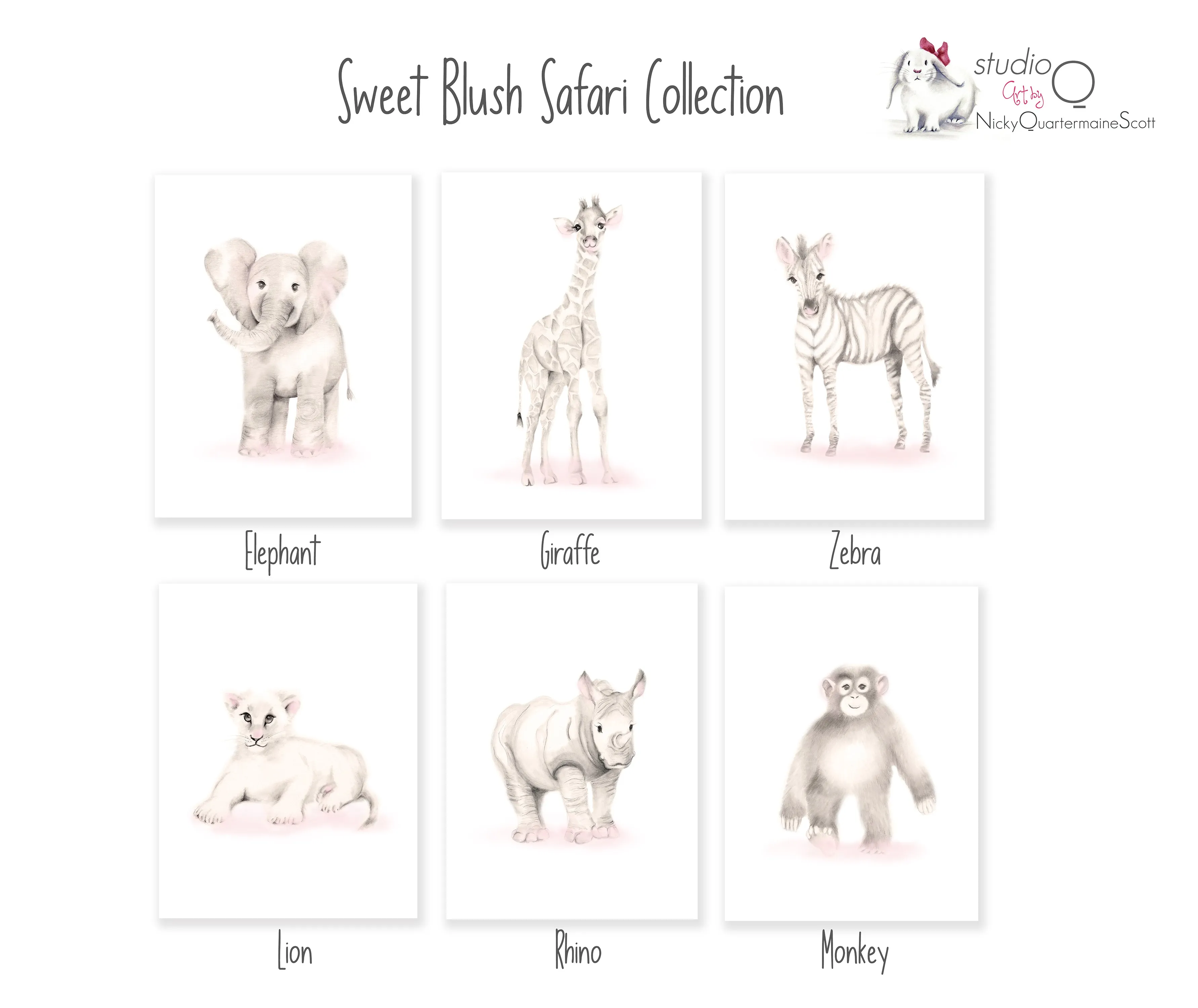 Safari Animal Nursery Prints - Sweet Blush - Set of 3