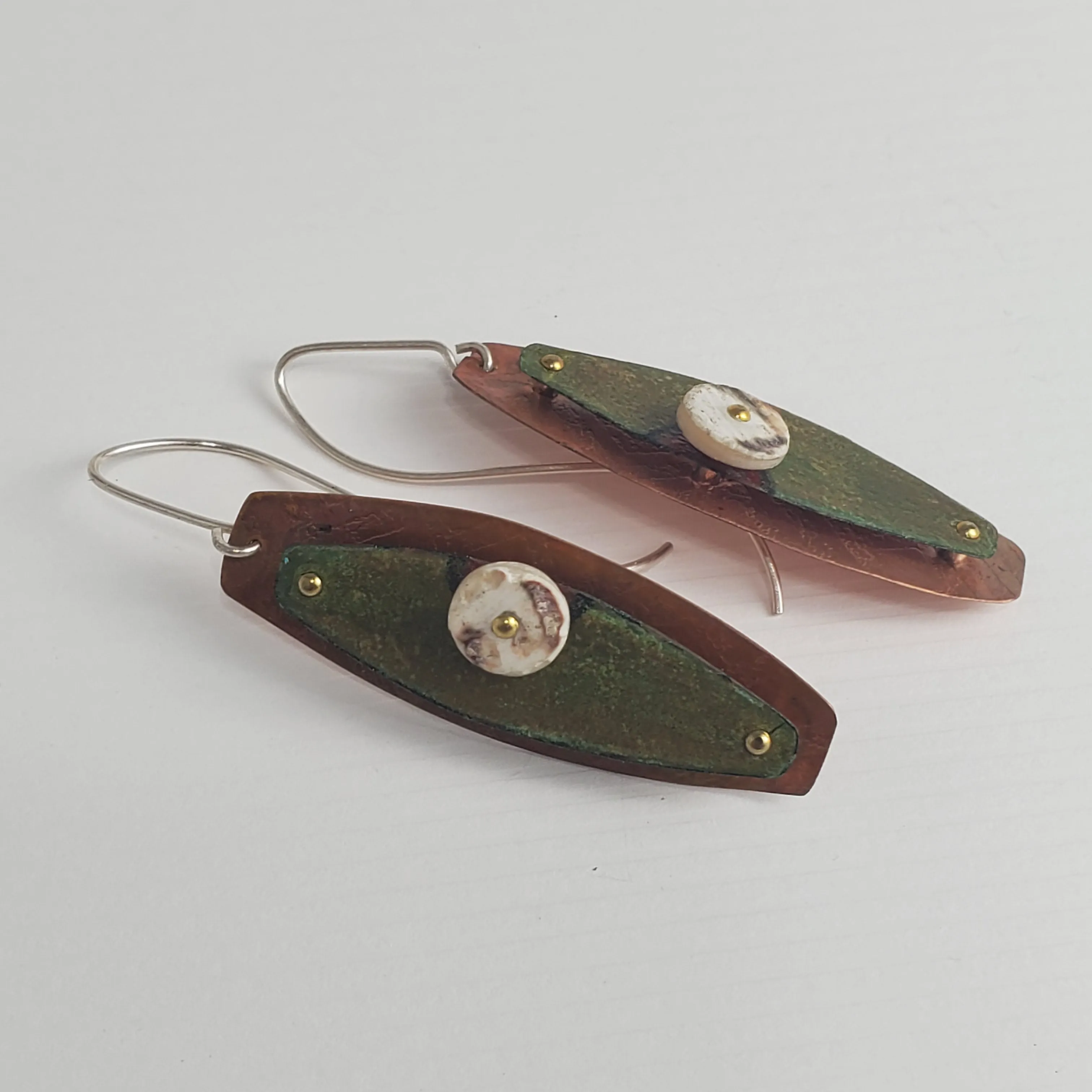 Safari Chic green and ostrich egg bead earrings, Prisma color earrings, Khaki and copper earrings, Dimensional earrings.